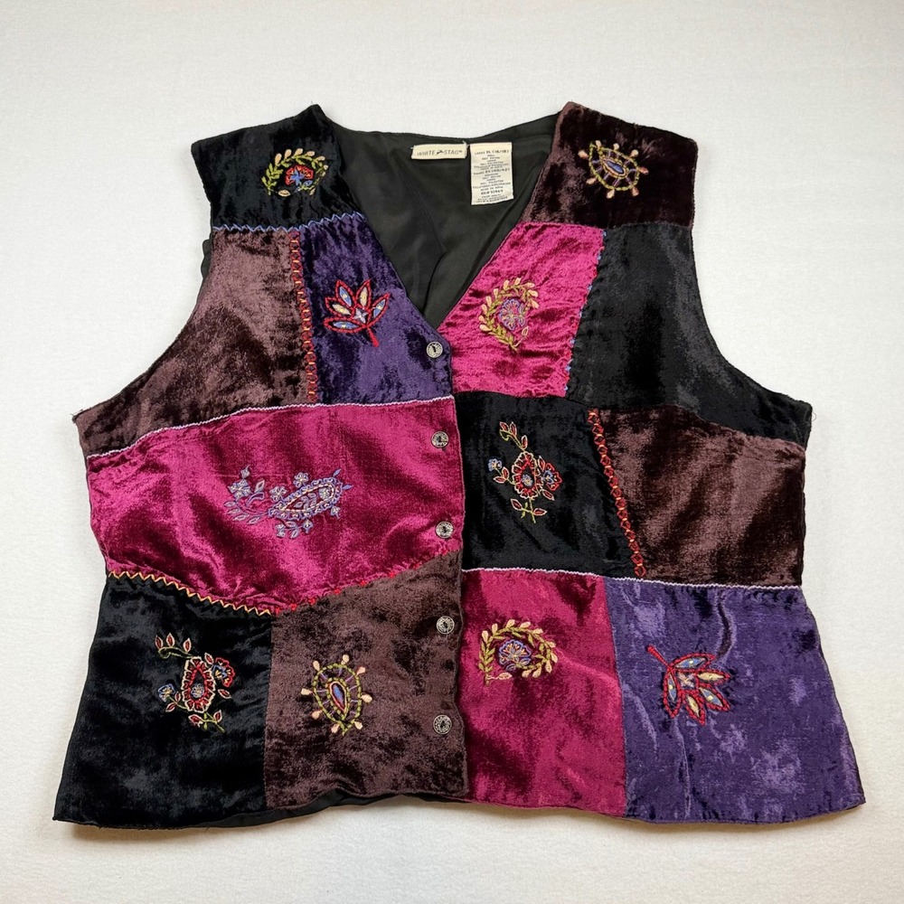 White Stag Velvet Patchwork Embroidered Vest XL Multicolor Boho Paisley WS511737